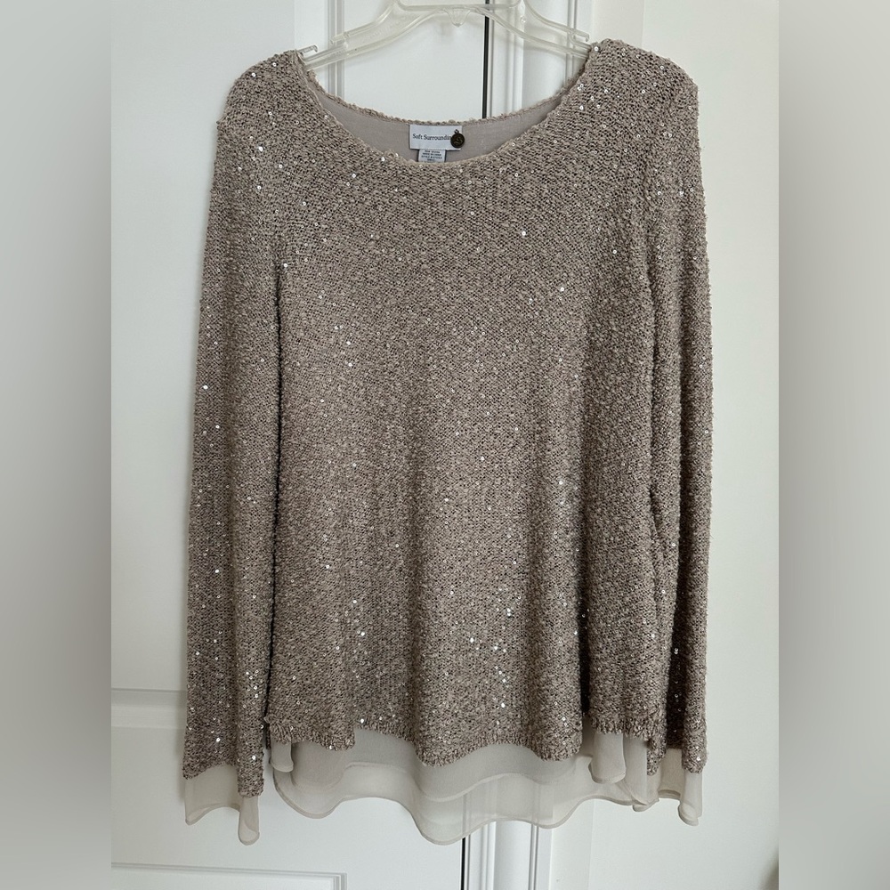 Soft Surroundings Glittering Taupe Long Sleeve Top